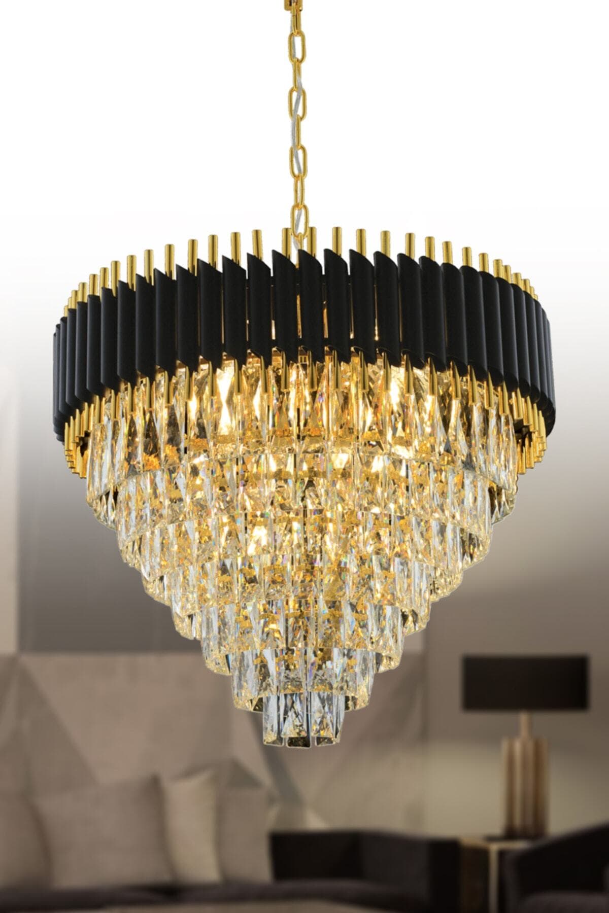 60'lik Kristal Taşlı Lüks Avize - (SİYAH-GOLD)