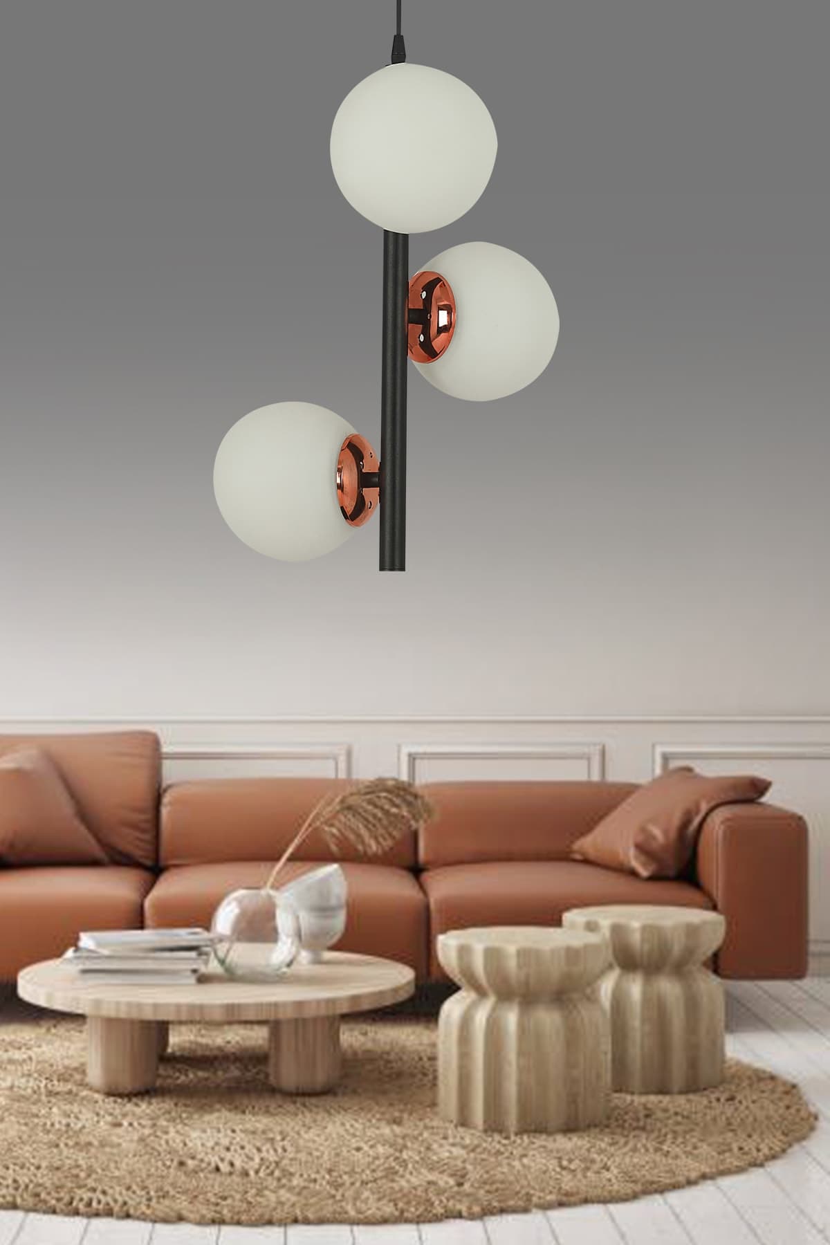 Modern Siyah 3'lü Beyaz Glop Camlı Avize