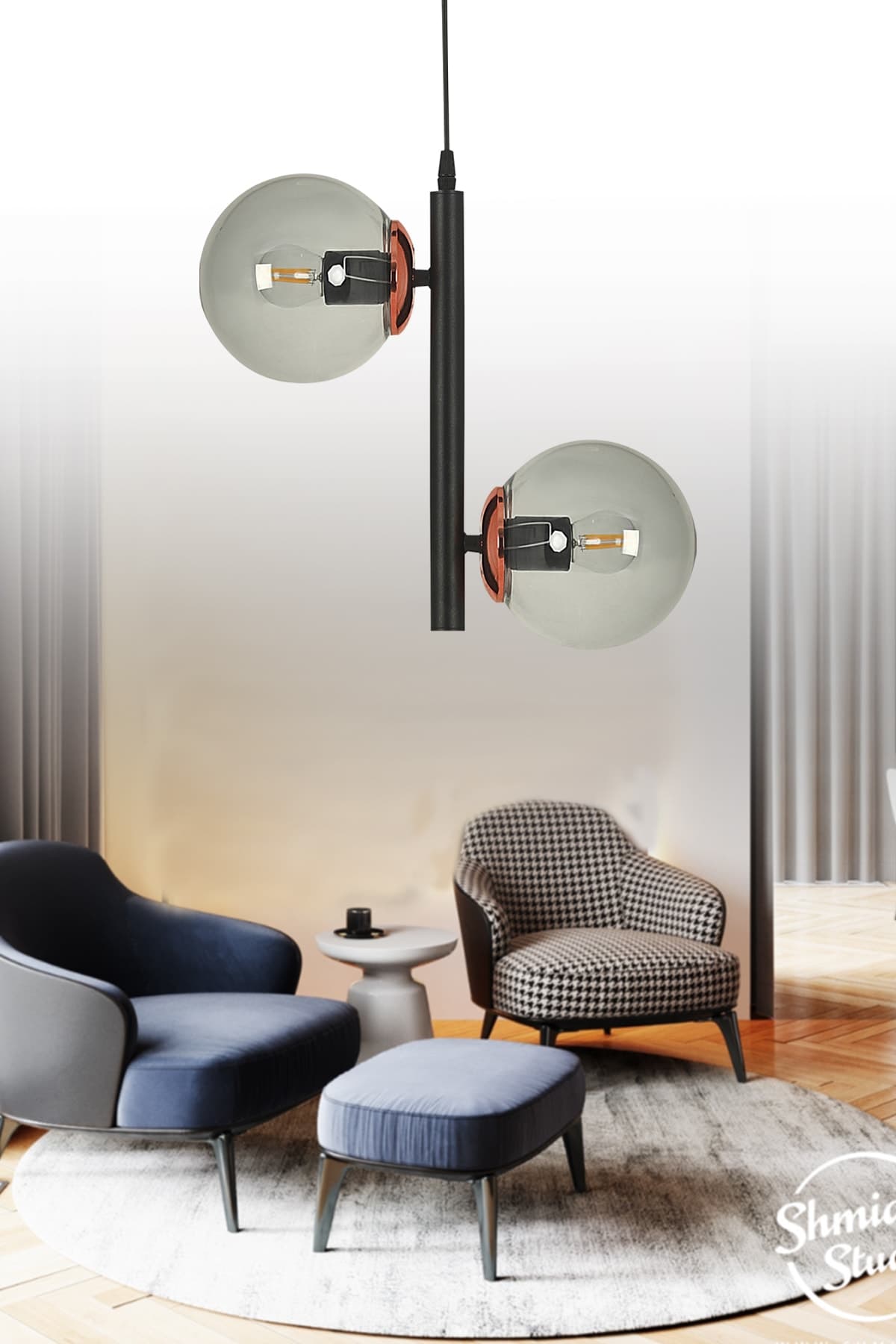 Modern Siyah 2'li Füme Glop Camlı Avize