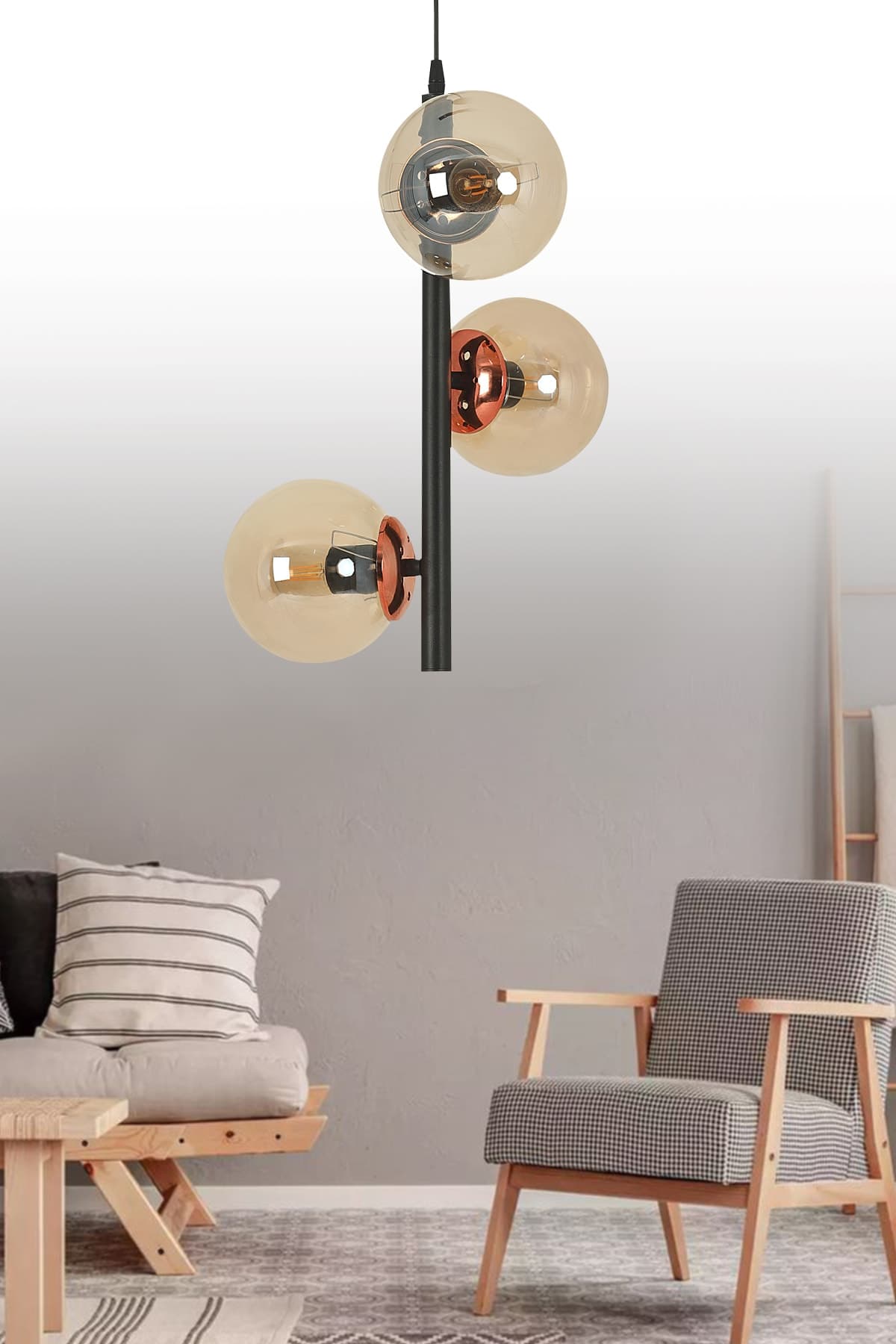 Modern Siyah 3'lü Bal Glop Camlı Avize