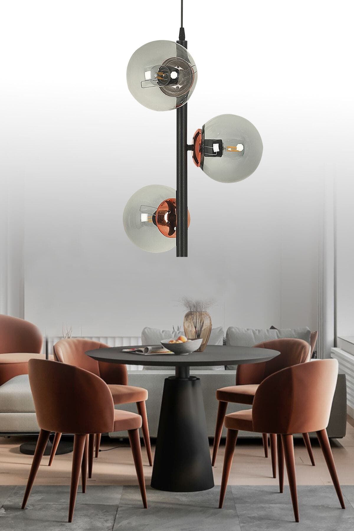 Modern Siyah 3'lü Füme Glop Camlı Avize