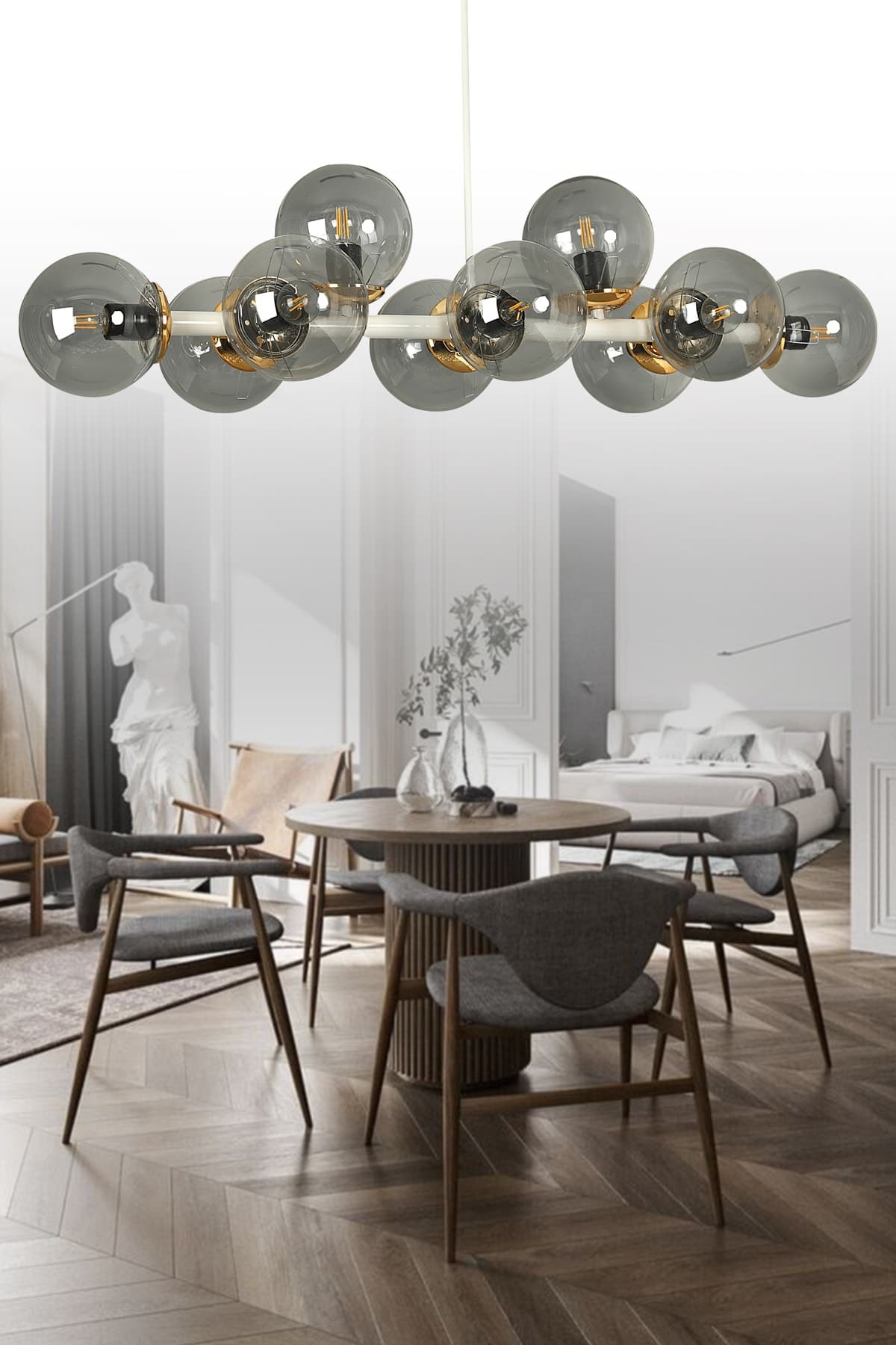 Luxury Modern Tasarım Beyaz 10'lü Füme Glop Camlı Avize