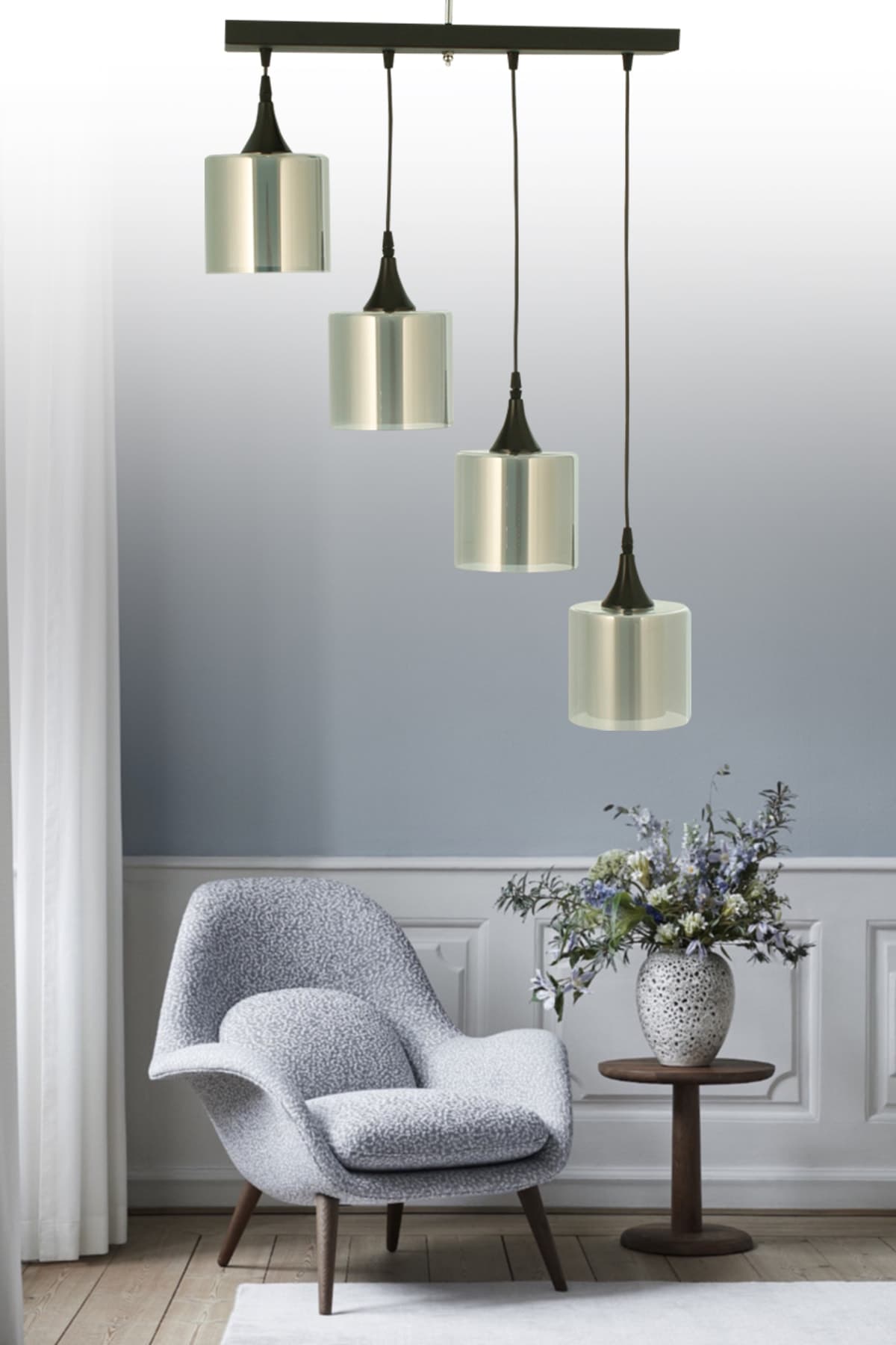 Modern 4'lü Sıralı Sarkıt Füme Camlı Avize