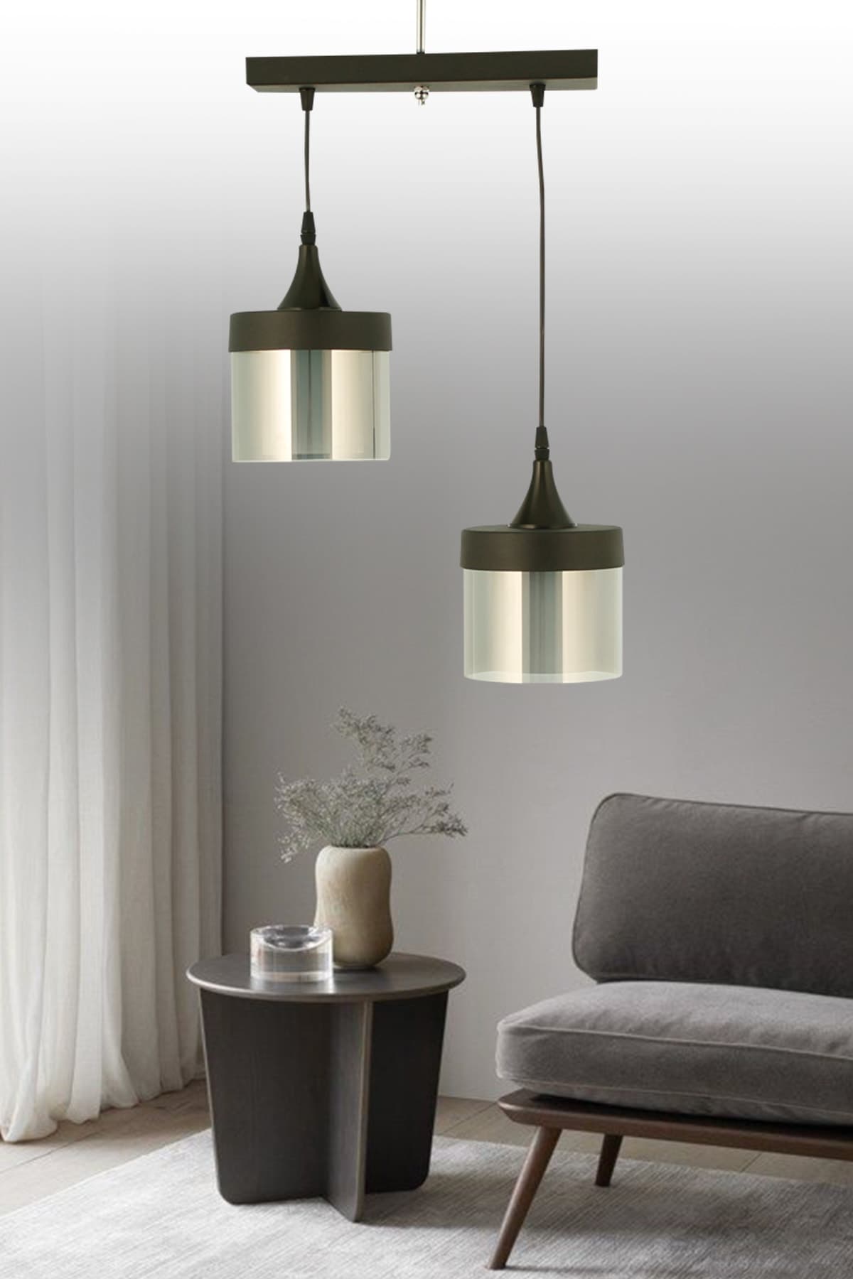 Modern 2'li Siyah Başlıklı Sıralı Sarkıt Füme Camlı Avize