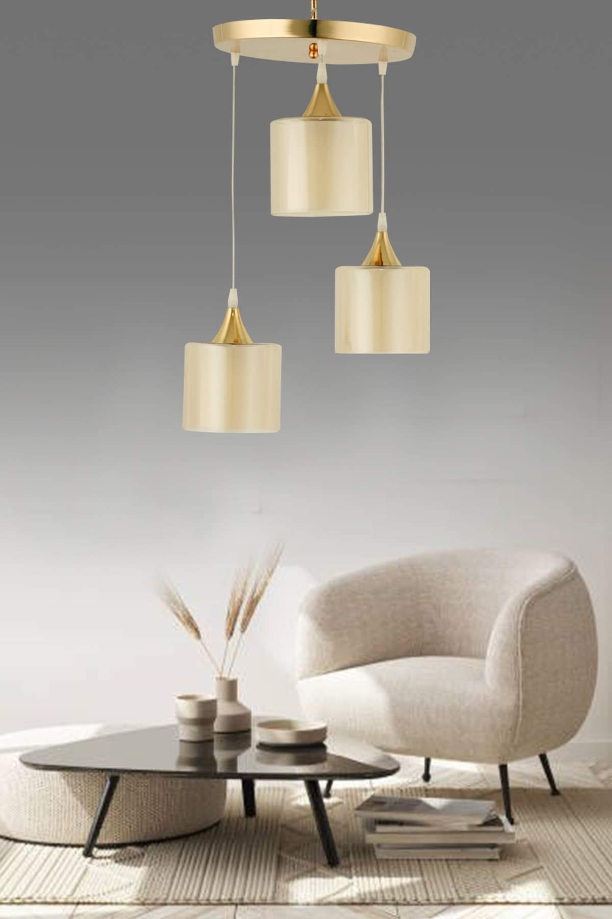 Modern 3'lü Gold Tepsi Bal Camlı Lüks Sarkıt Avize
