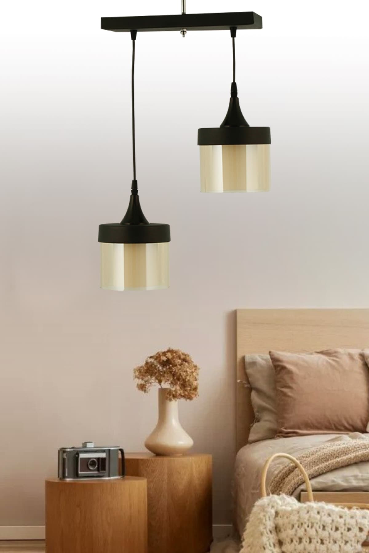 Modern 2'li Siyah Başlıklı Sıralı Sarkıt Bal Camlı Avize