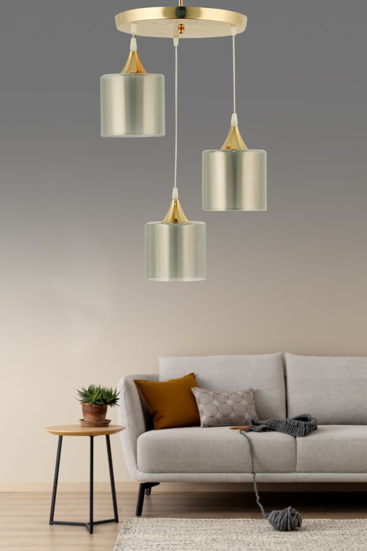 Modern 3'lü Gold Tepsi Füme Camlı Lüks Sarkıt Avize