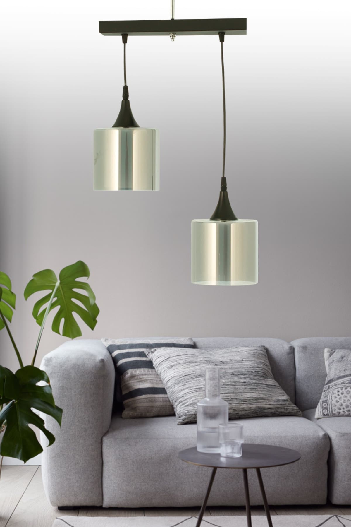 Modern 2'li Sıralı Sarkıt Füme Camlı Avize