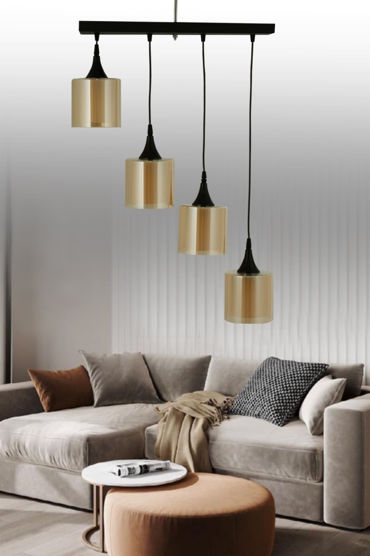Modern 4'lü Sıralı Sarkıt Bal Camlı Avize