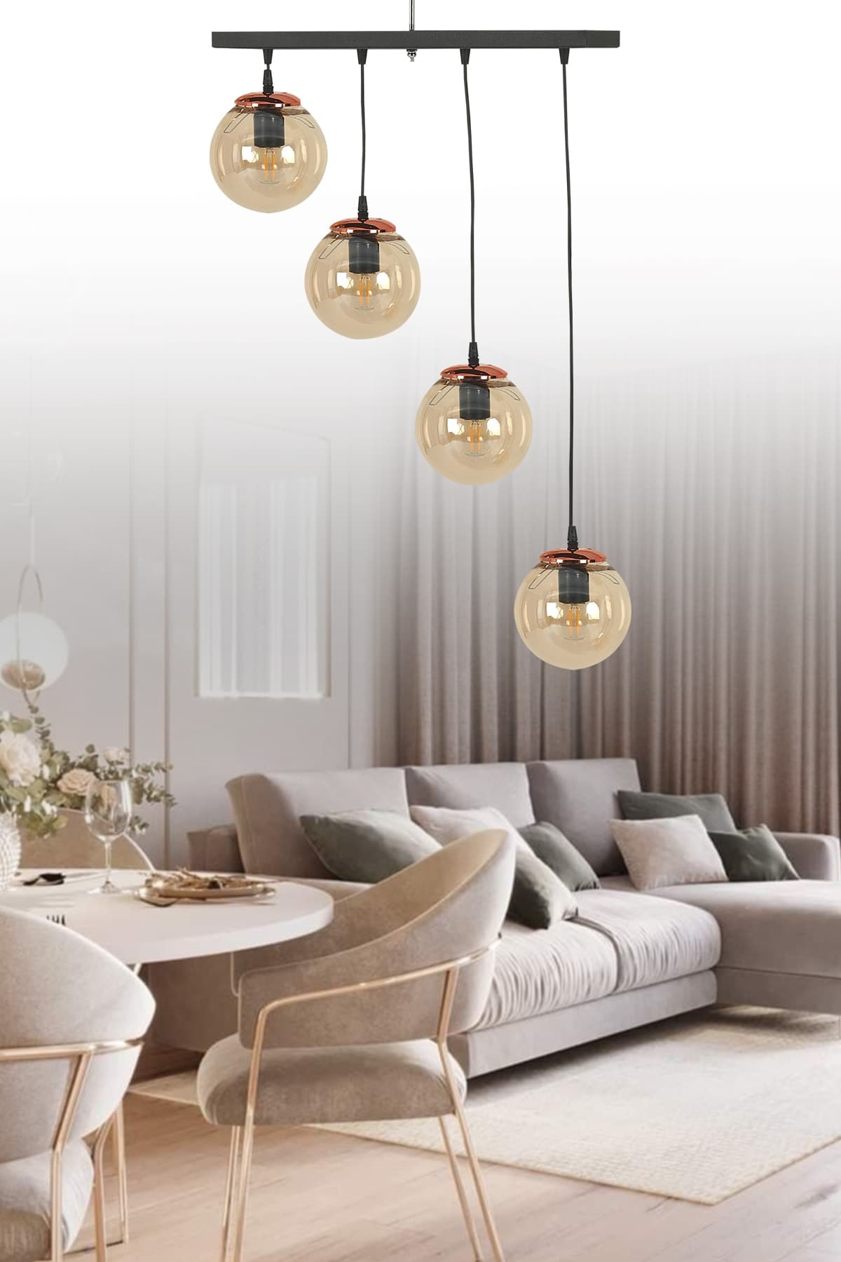 Modern Siyah 4'lü Sıralı Sarkıt Bal Glop Camlı Lüks Avize