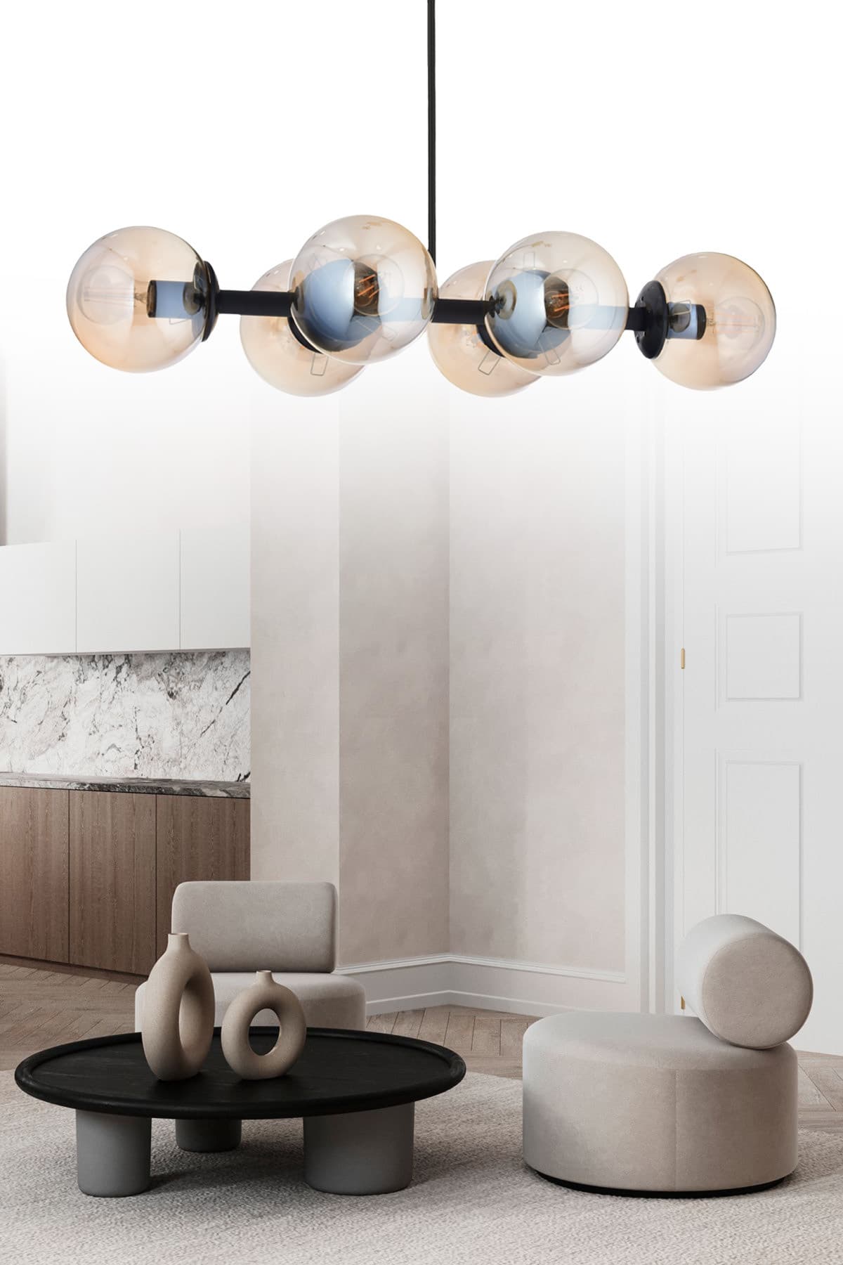 Luxury Modern Tasarım Siyah 6'li Bal Glop Camlı Avize