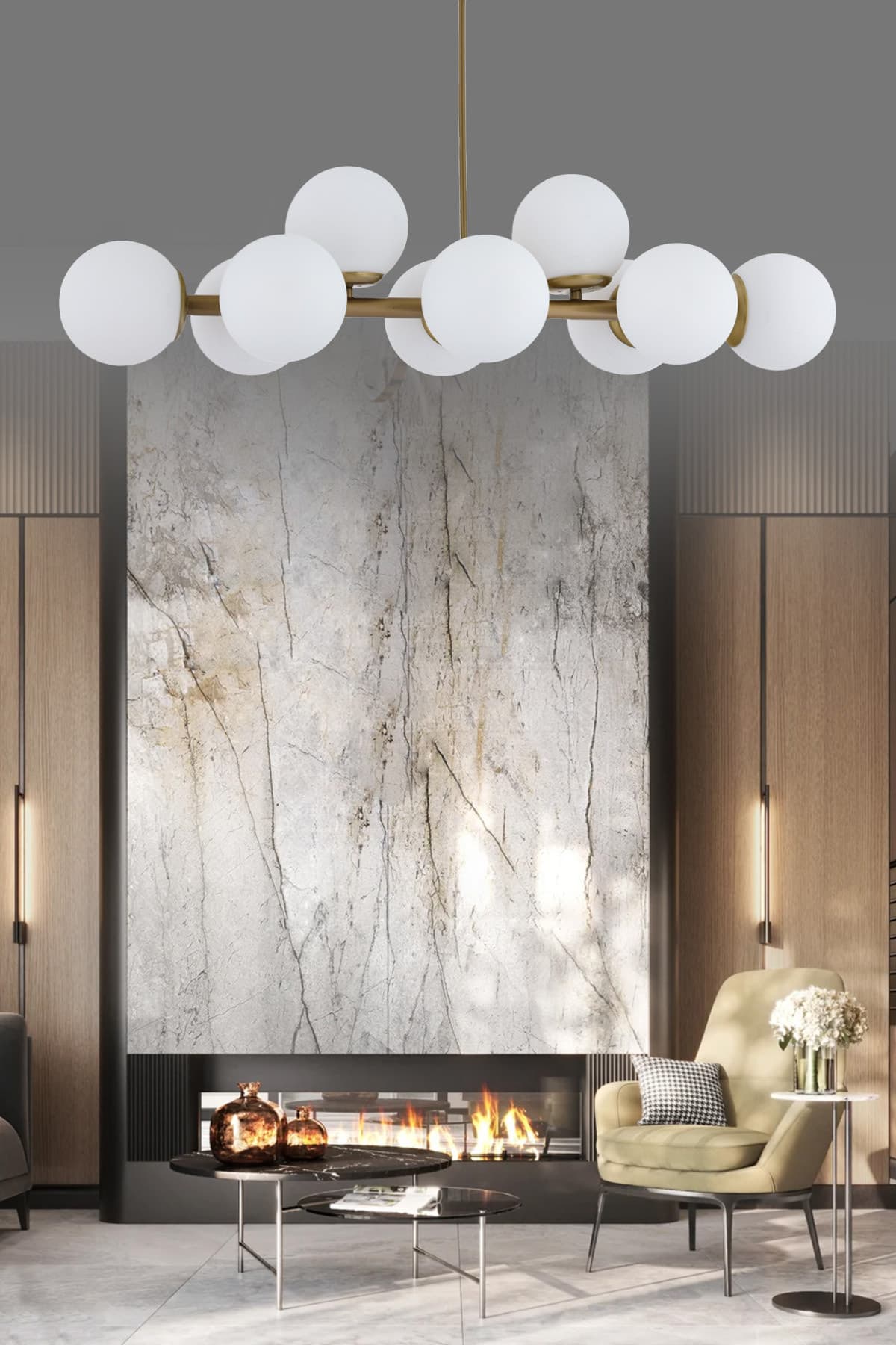 Luxury Modern Tasarım Eskitme 10'lü Beyaz Glop Camlı Avize