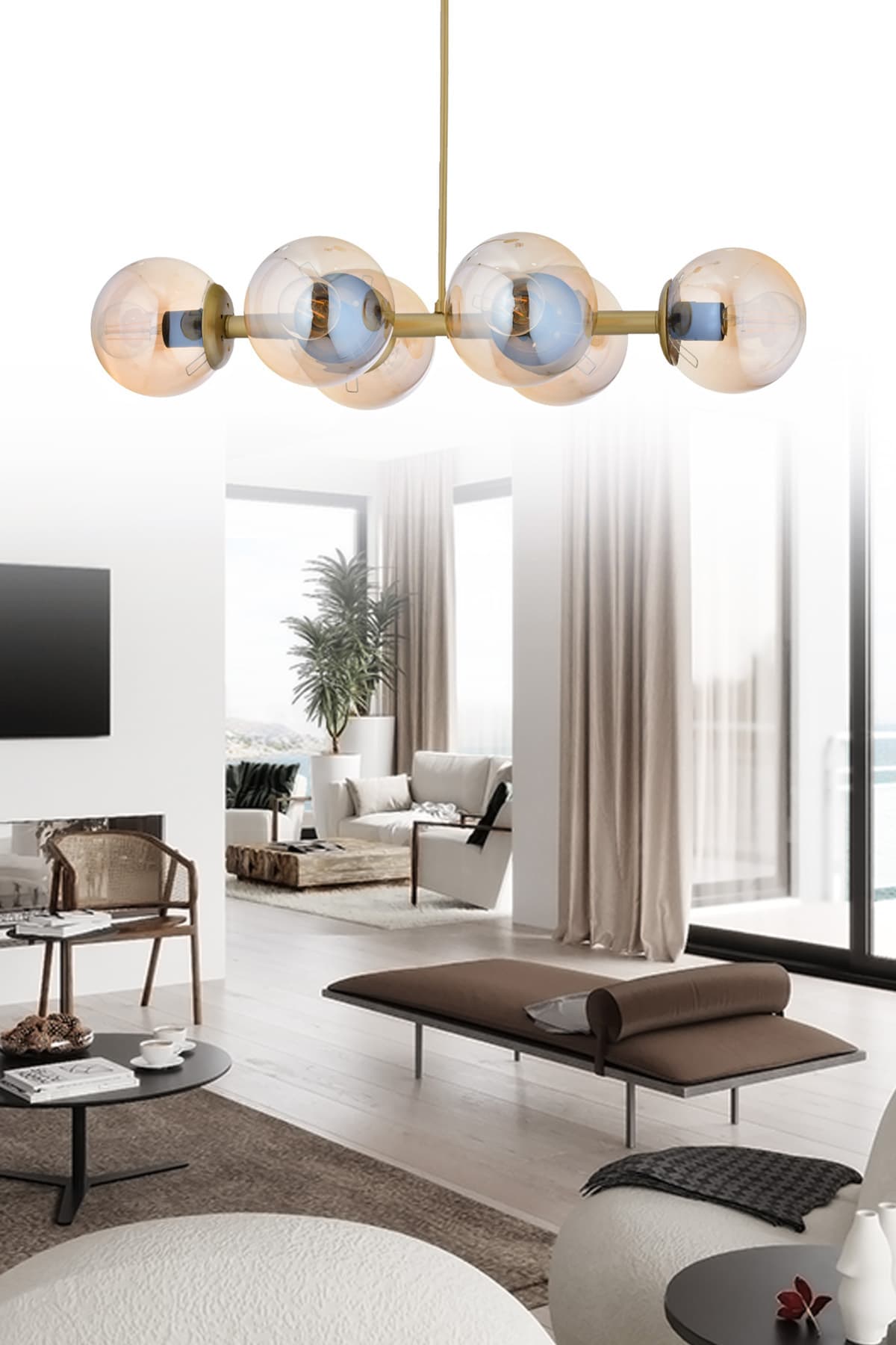 Luxury Modern Tasarım Eskitme 6'li Bal Glop Camlı Avize