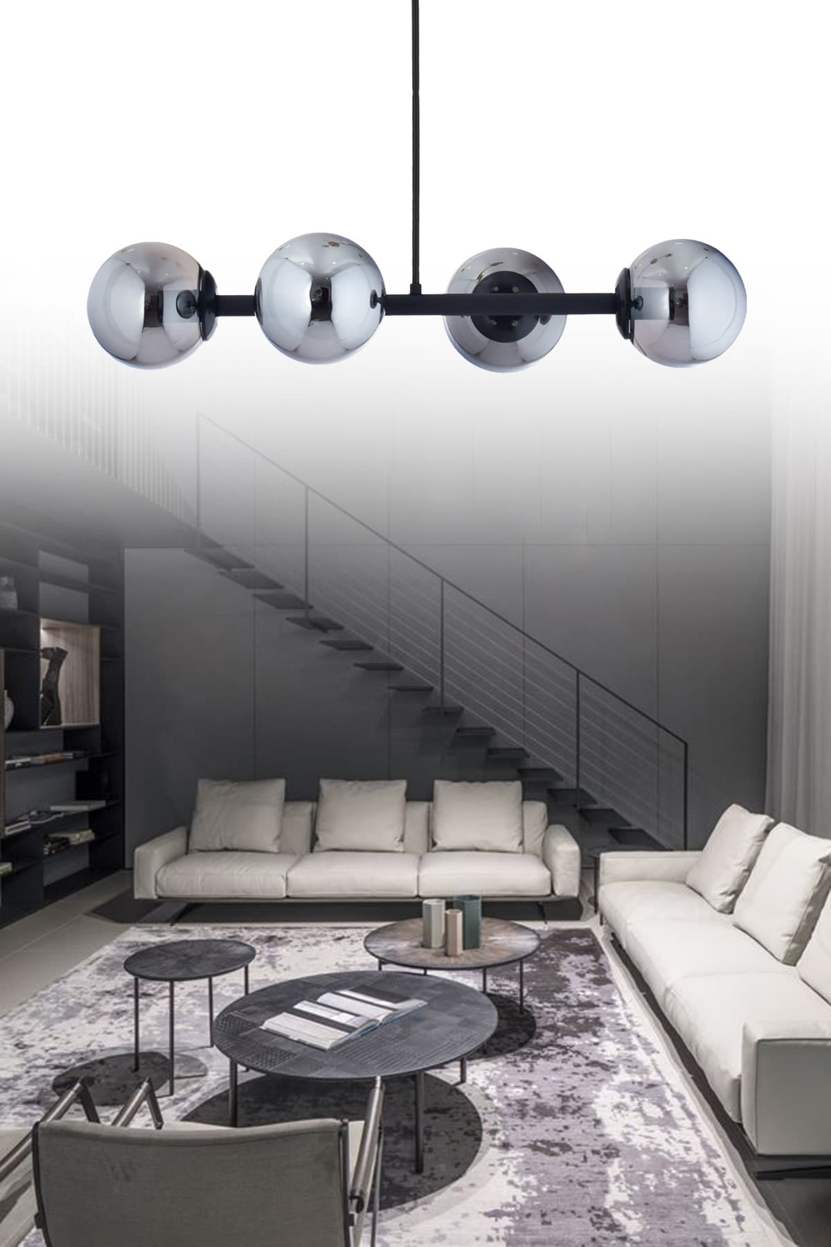 Luxury Modern Tasarım Siyah 4'lü Füme Glop Camlı Avize