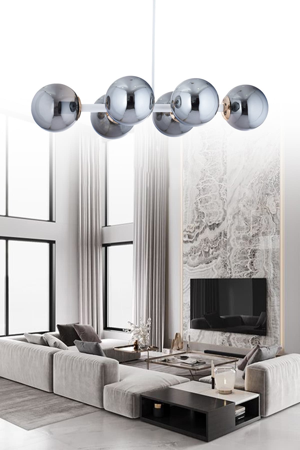 Luxury Modern Tasarım Beyaz 6'li Füme Glop Camlı Avize