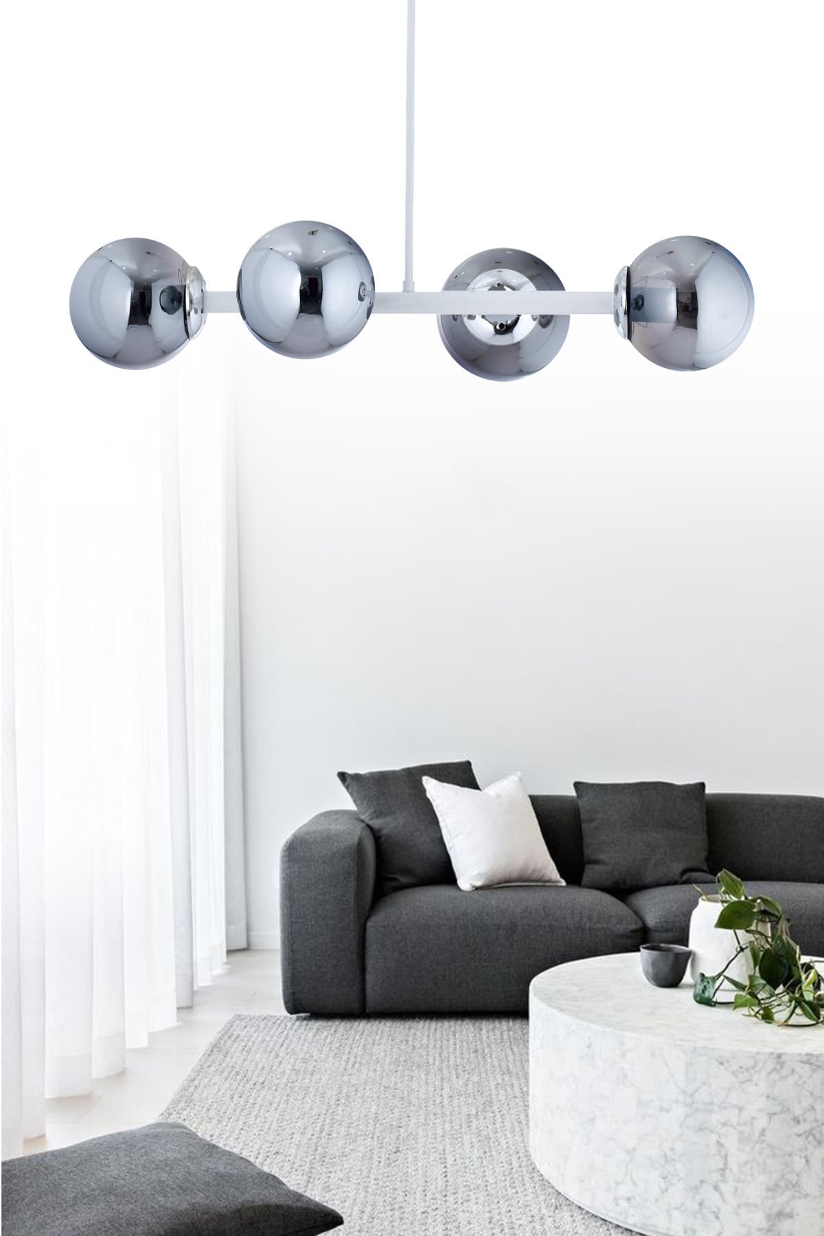 Luxury Modern Tasarım Beyaz 4'lü Füme Glop Camlı Avize