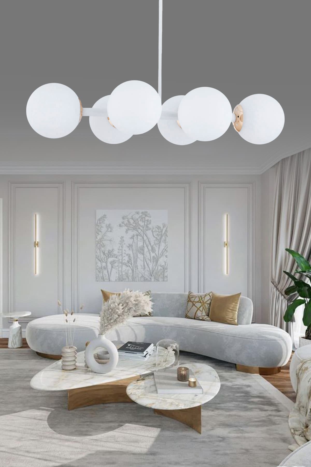 Luxury Modern Tasarım Beyaz 6'li Beyaz Glop Camlı Avize