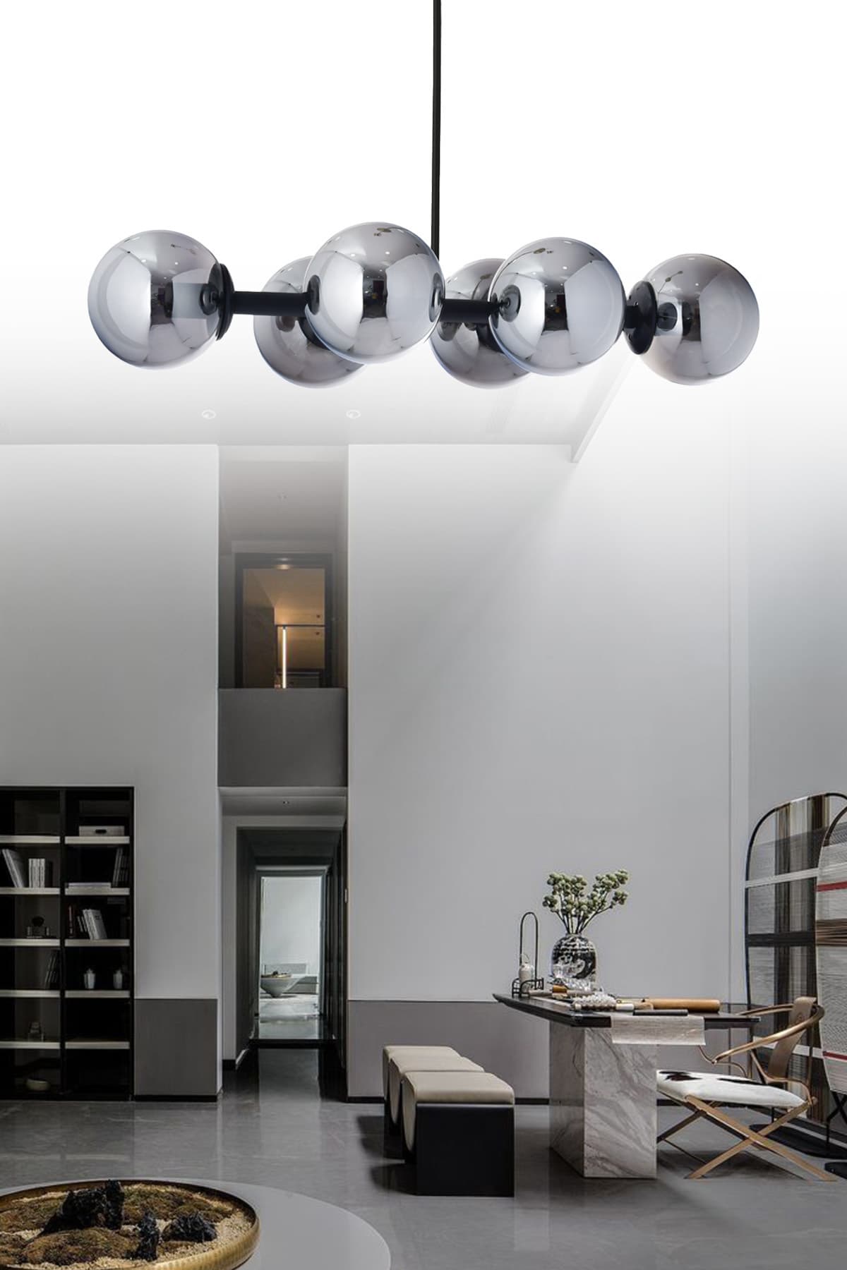 Luxury Modern Tasarım Siyah 6'li Füme Glop Camlı Avize