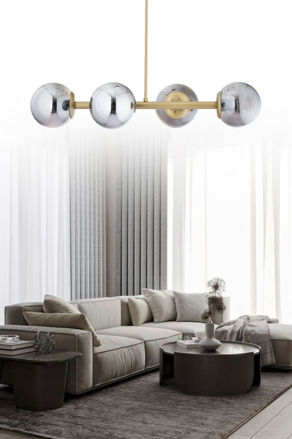 Luxury Modern Tasarım Eskitme 4'lü Füme Glop Camlı Avize