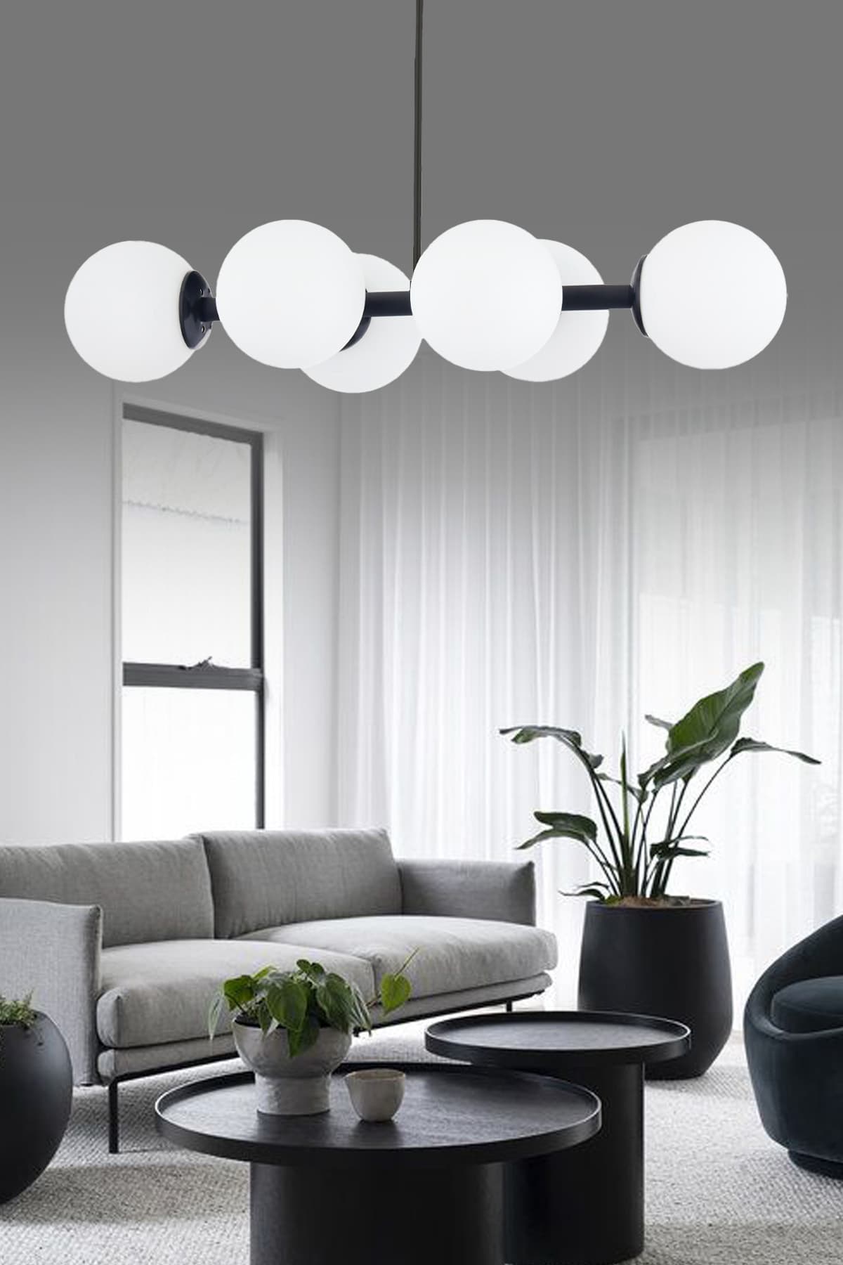 Luxury Modern Tasarım Siyah 6'li Beyaz Glop Camlı Avize