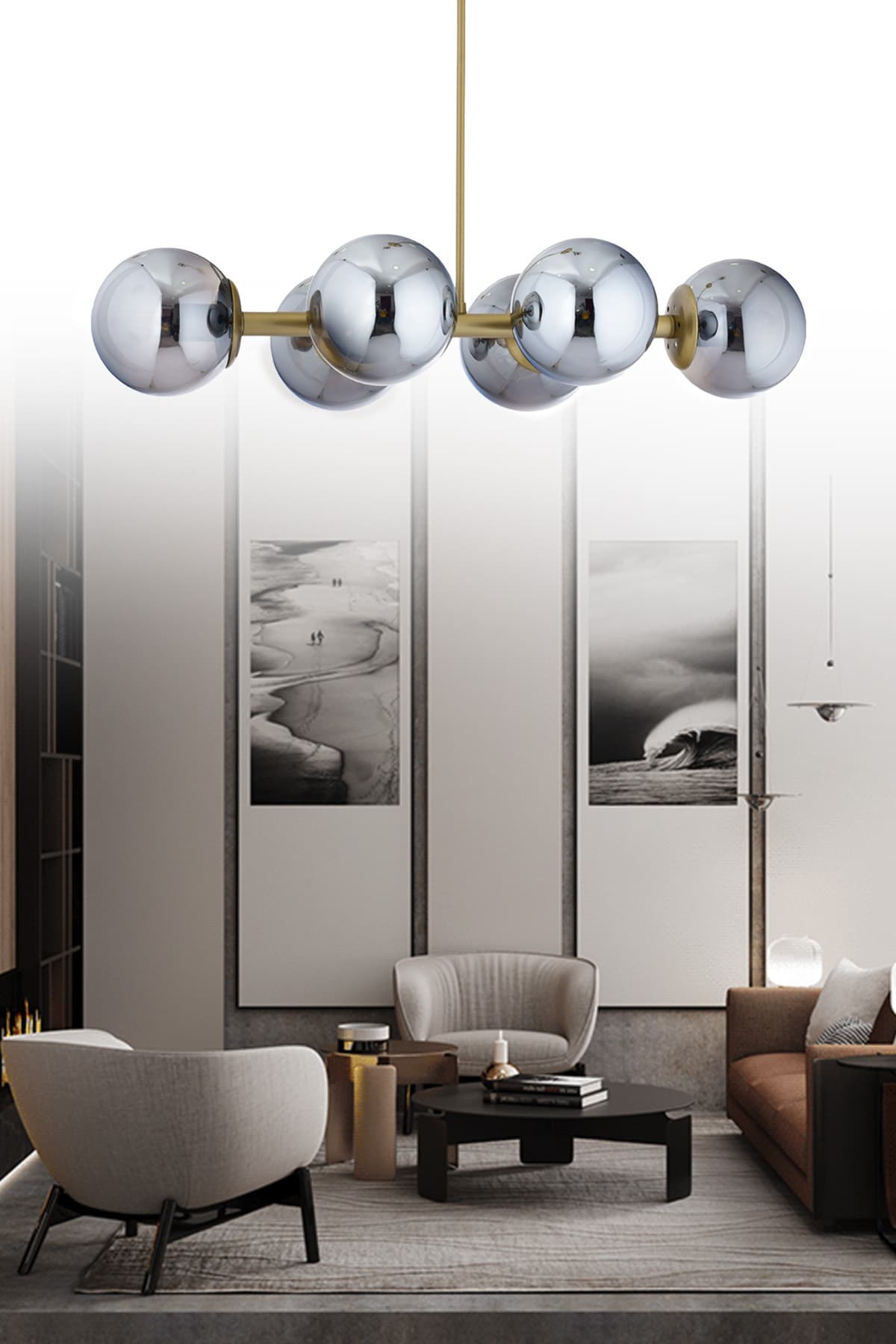 Luxury Modern Tasarım Eskitme 6'li Füme Glop Camlı Avize