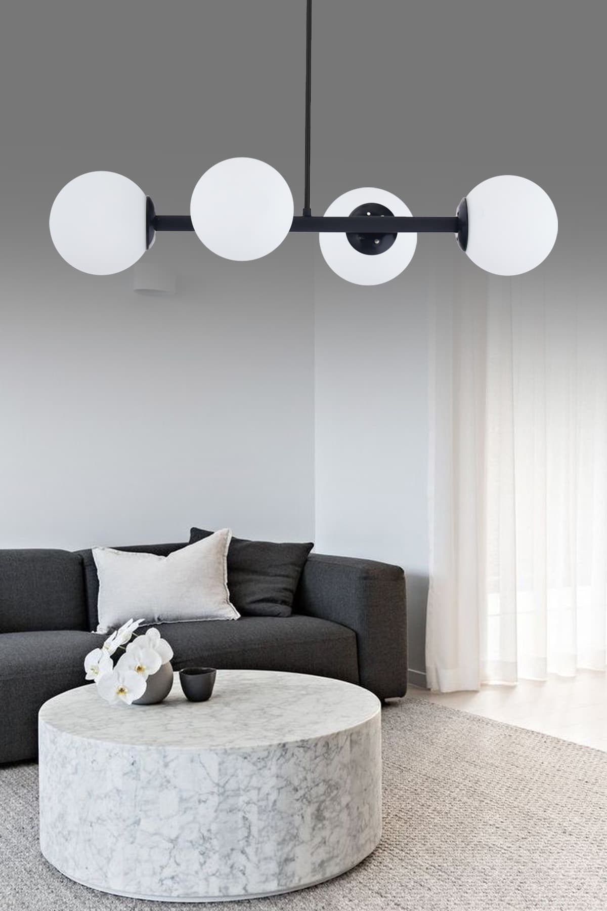 Luxury Modern Tasarım Siyah 4'lü Beyaz Glop Camlı Avize