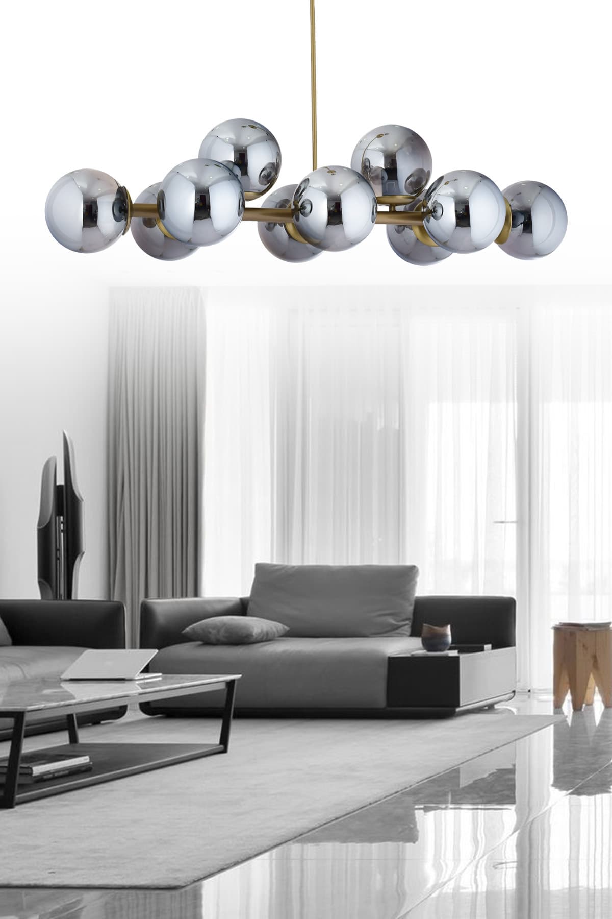 Luxury Modern Tasarım Eskitme 10'lü Füme Glop Camlı Avize