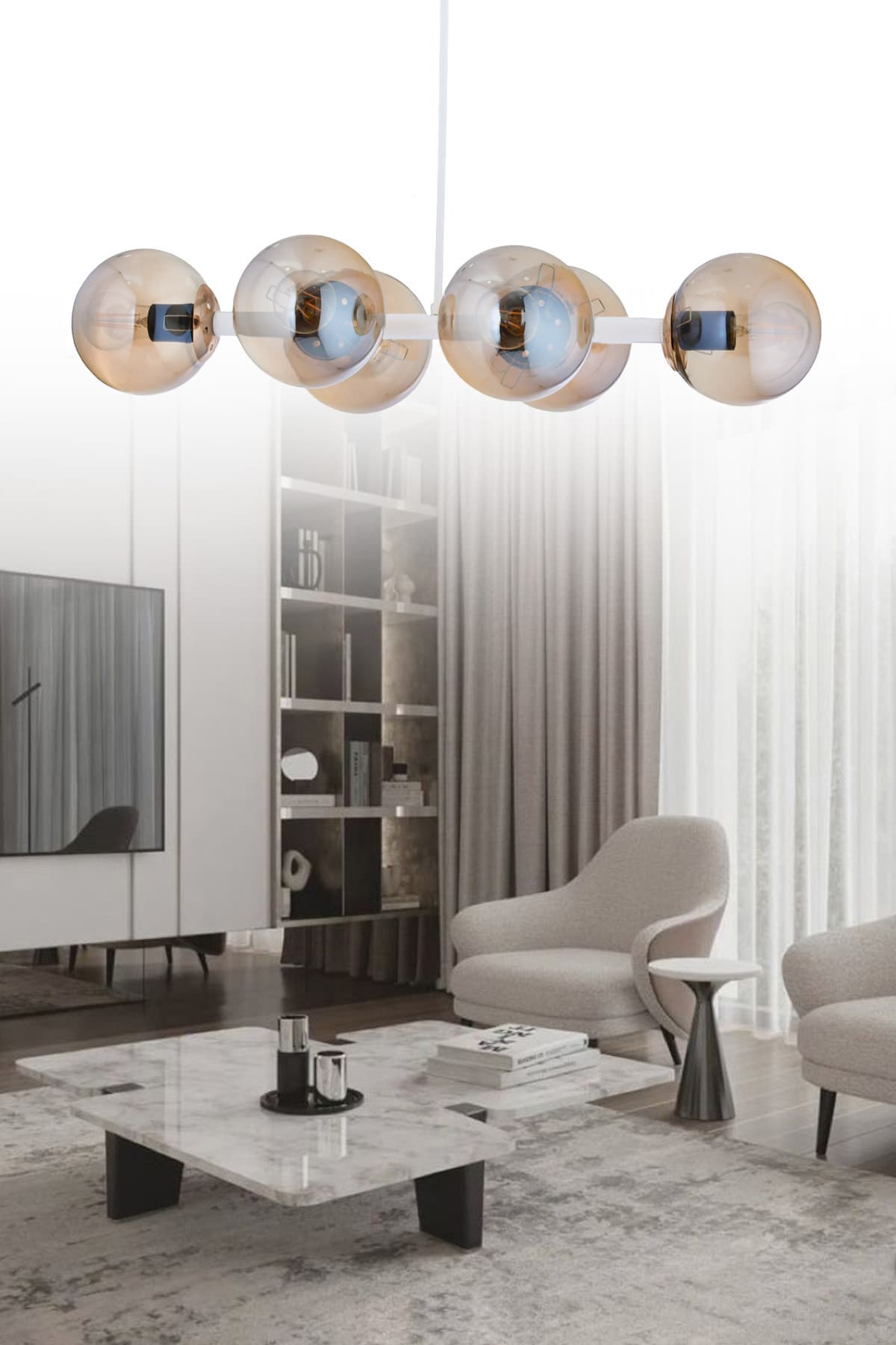 Luxury Modern Tasarım Beyaz 6'li Bal Glop Camlı Avize