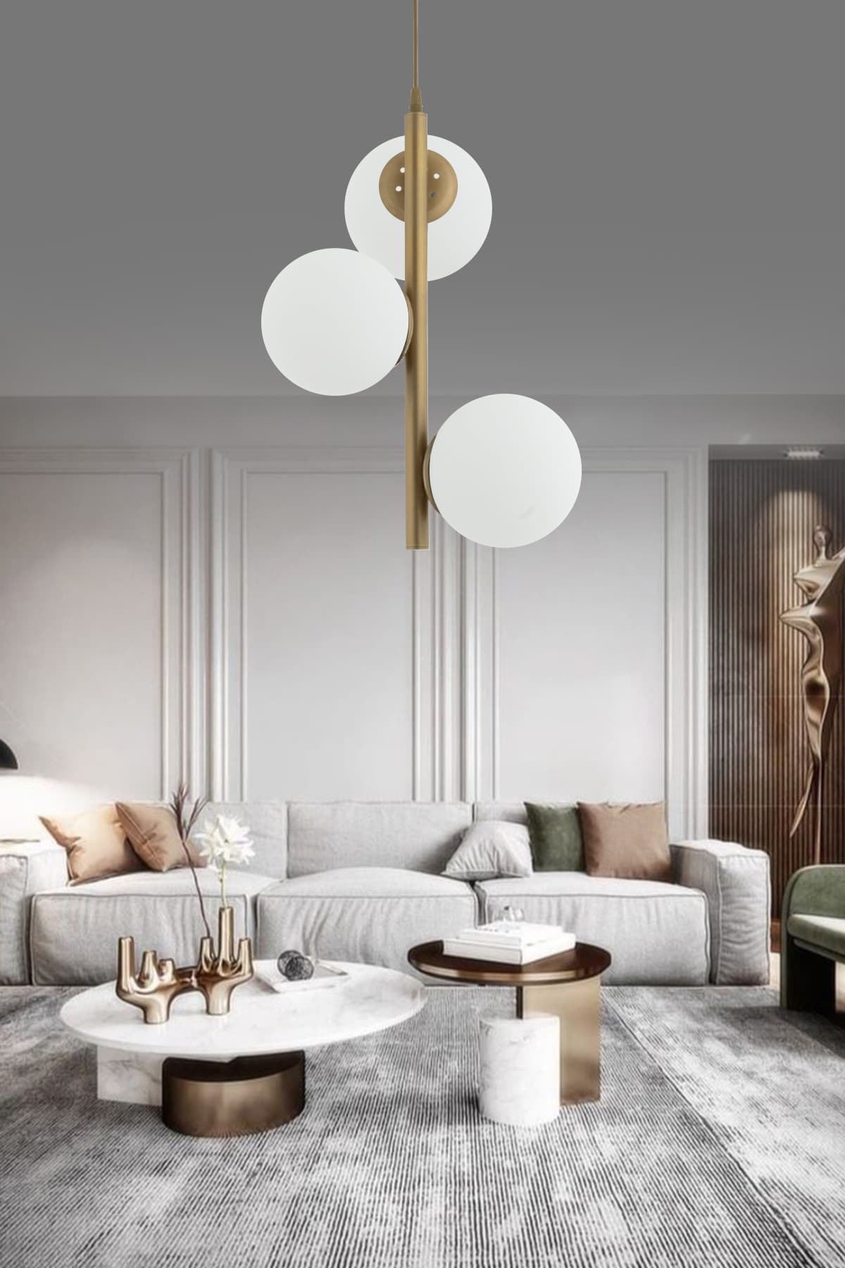 Salkım 3'lü Eskitme Beyaz Glop Camlı Modern Avize