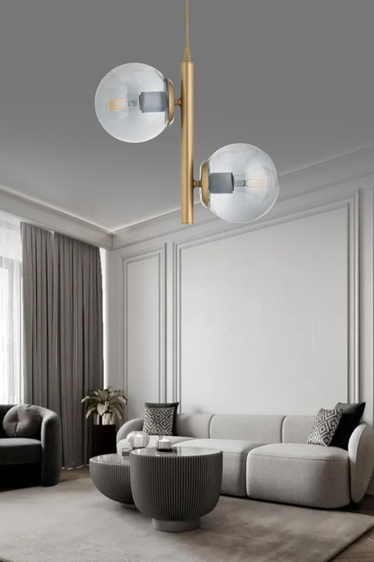 Salkım 2'li Eskitme Füme Glop Camlı Modern Avize