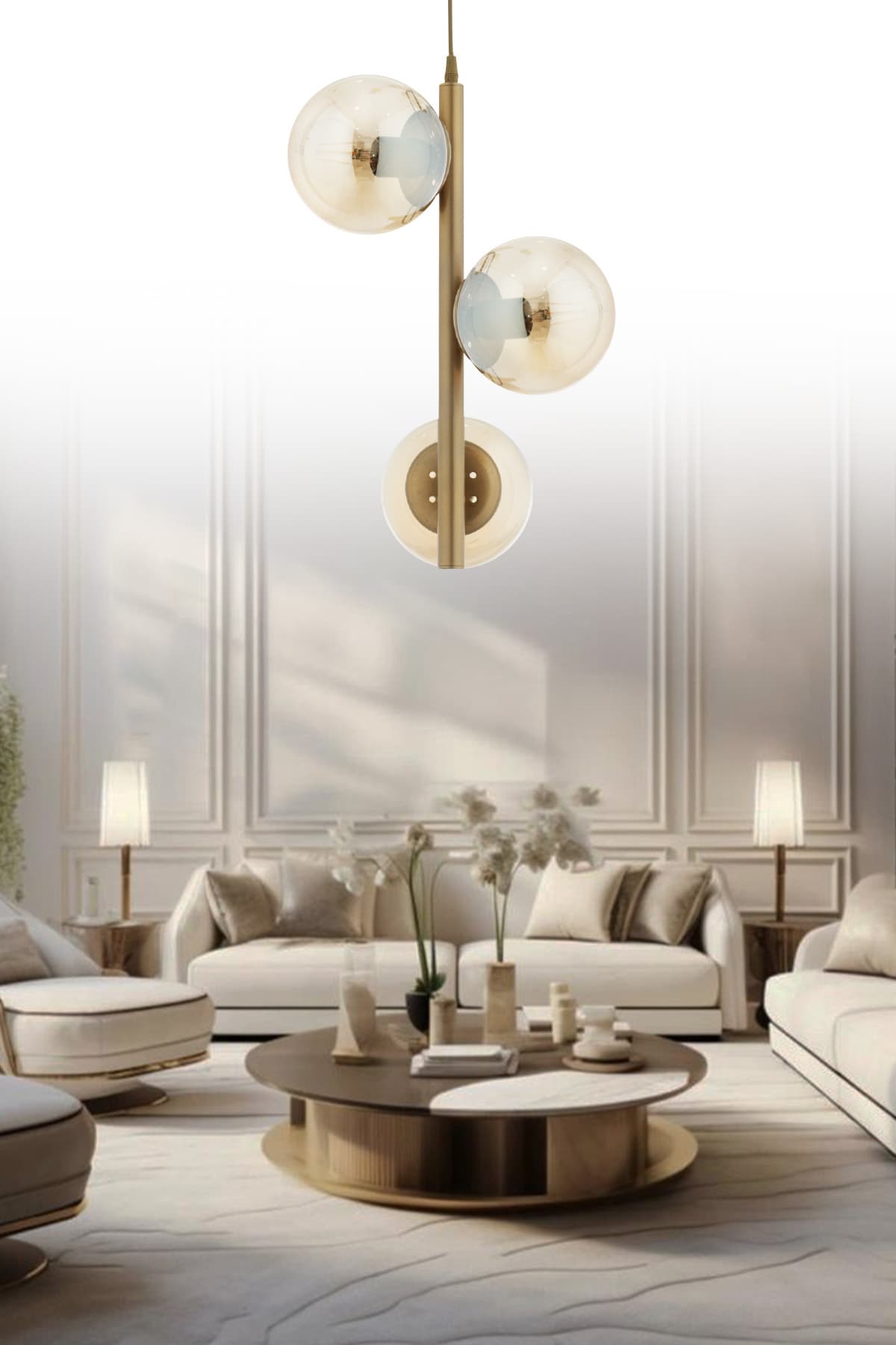 Salkım 3'lü Eskitme Bal Glop Camlı Modern Avize