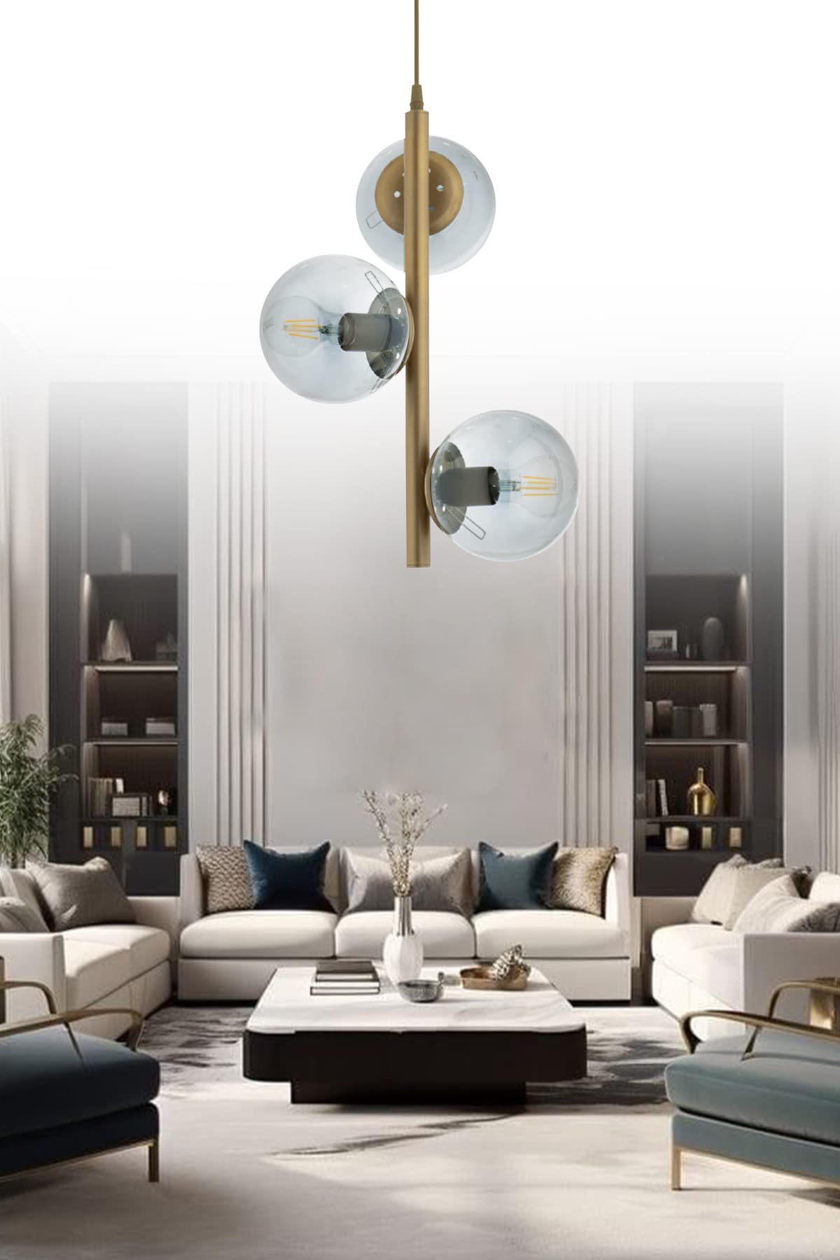 Salkım 3'lü Eskitme Füme Glop Camlı Modern Avize