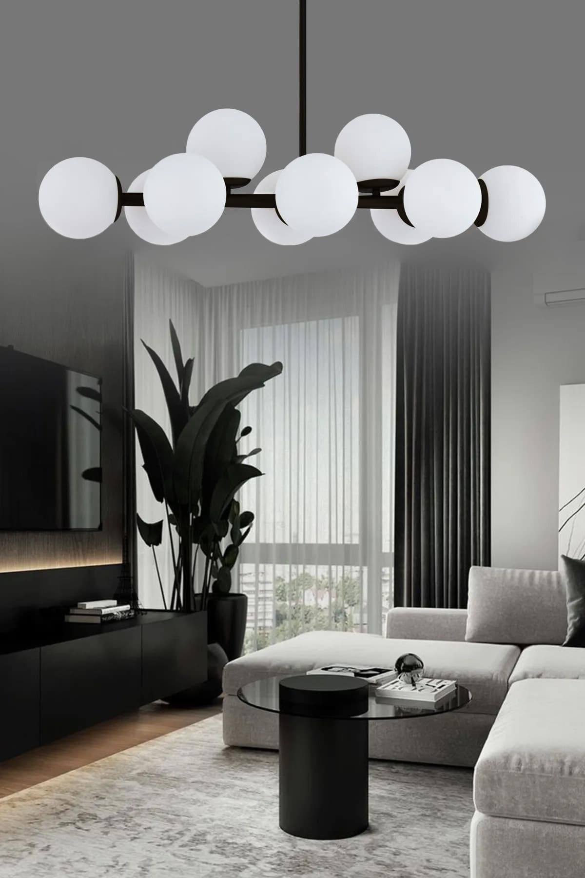 Luxury Modern Tasarım Siyah 10'lü Beyaz Glop Camlı Avize