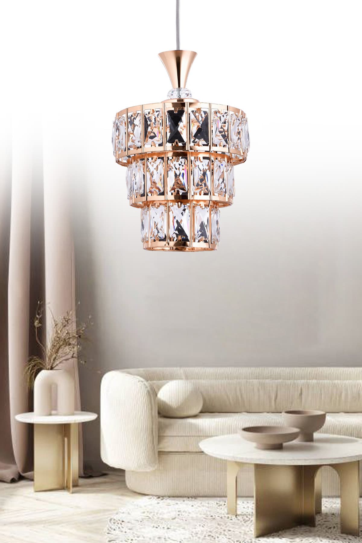 3 KATLI LÜKS GOLD KRİSTAL TAŞLI TEKLİ SALON-MUTFAK-ODA-HOL AVİZE
