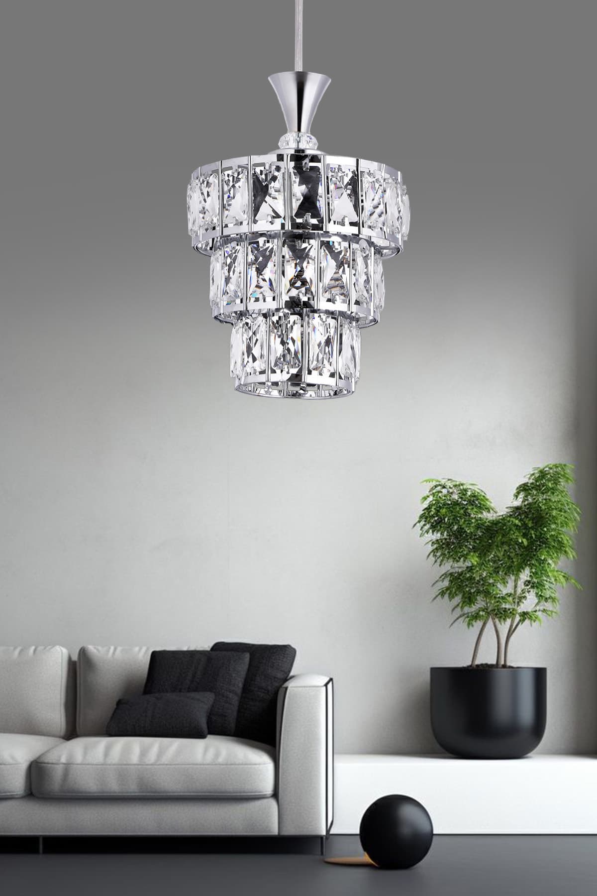 3 KATLI LÜKS KROM KRİSTAL TAŞLI TEKLİ SALON-MUTFAK-ODA-HOL AVİZE