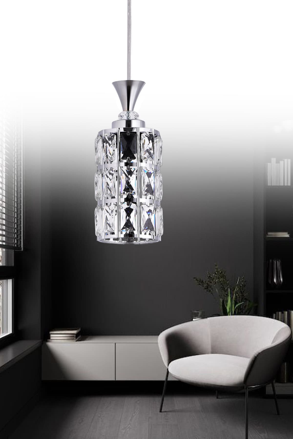 GY-23 20'LIK KROM BÜYÜK KRİSTAL TAŞLI LÜKS TEKLİ SALON-MUTFAK-ODA-HOL AVİZE