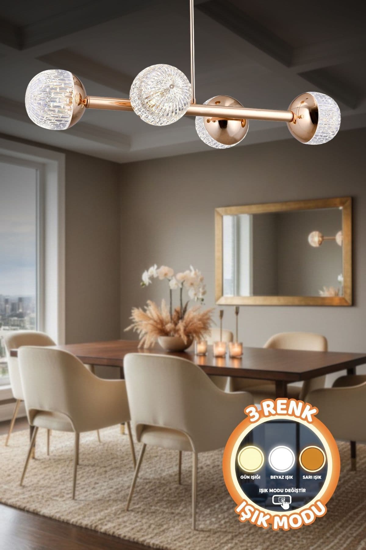 Luxury Modern Tasarım Gold 4'lü 3 Renk (Beyaz Işık -Sarı Işık - Gün Işığı) Ledli Kumandalı Avize