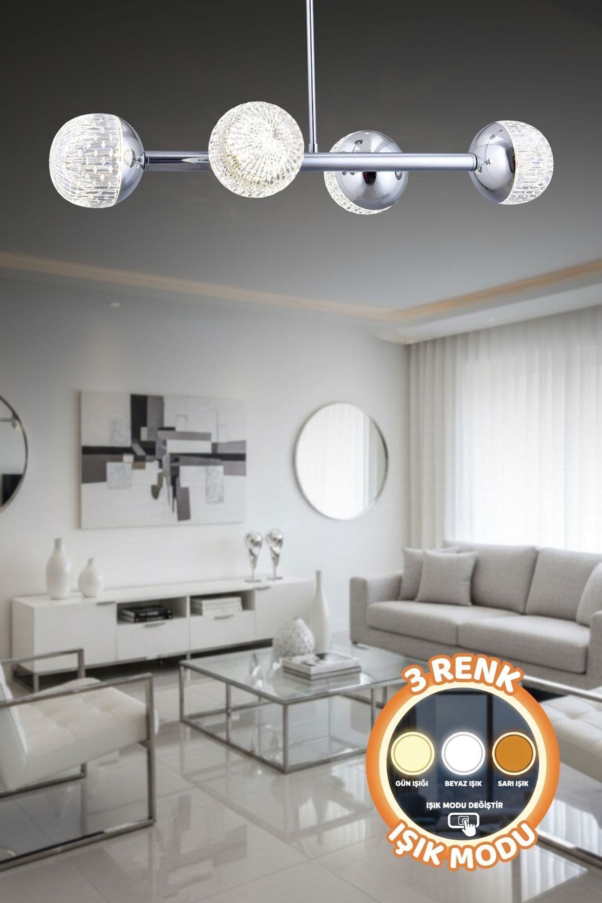 Luxury Modern Tasarım Gümüş 4'lü 3 Renk Işık(Beyaz Işık -Sarı Işık - Gün Işığı)Ledli Kumandalı Avize