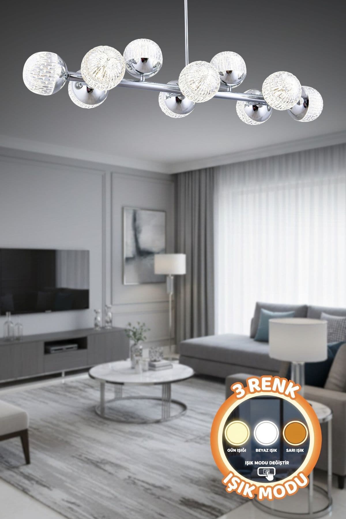 Modern Tasarım Krom 10'lü 3 Renk Işık (Beyaz Işık -Sarı Işık - Gün Işığı) Ledli Kumandalı Avize