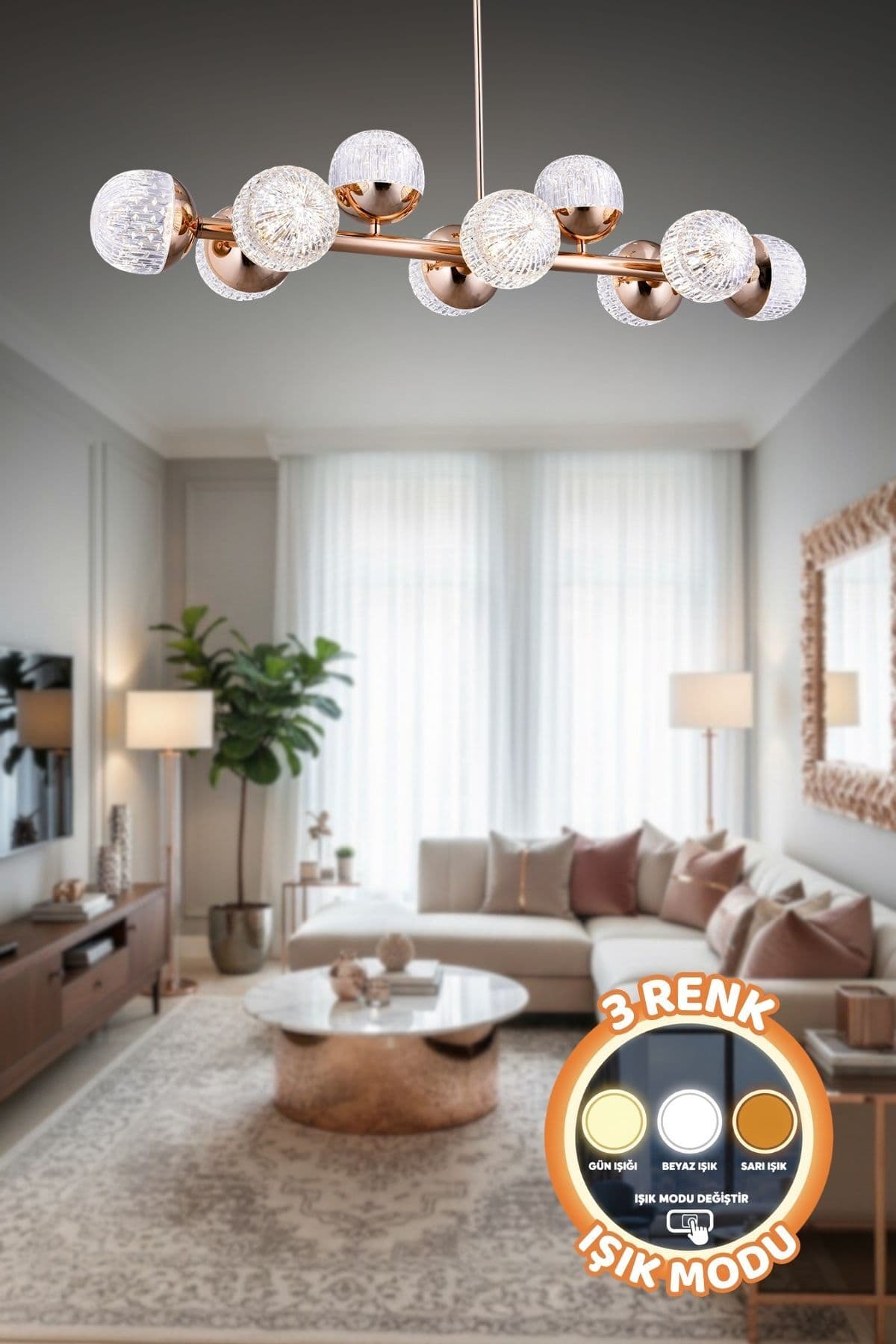 Modern Tasarım Gold 10'lü 3 Renk Işık (Beyaz Işık -Sarı Işık - Gün Işığı) Ledli Kumandalı Avize
