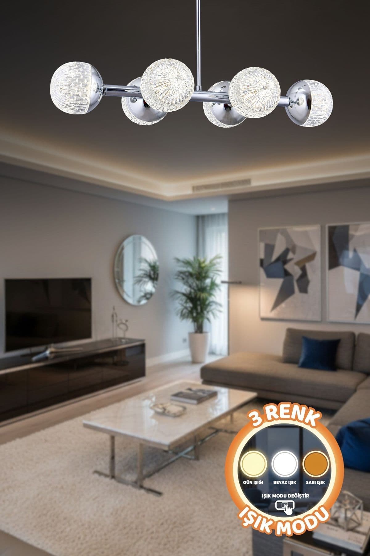 Luxury Modern Tasarım Gümüş 6'li 3 Renk Işık(Beyaz Işık -Sarı Işık - Gün Işığı)Ledli Kumandalı Avize