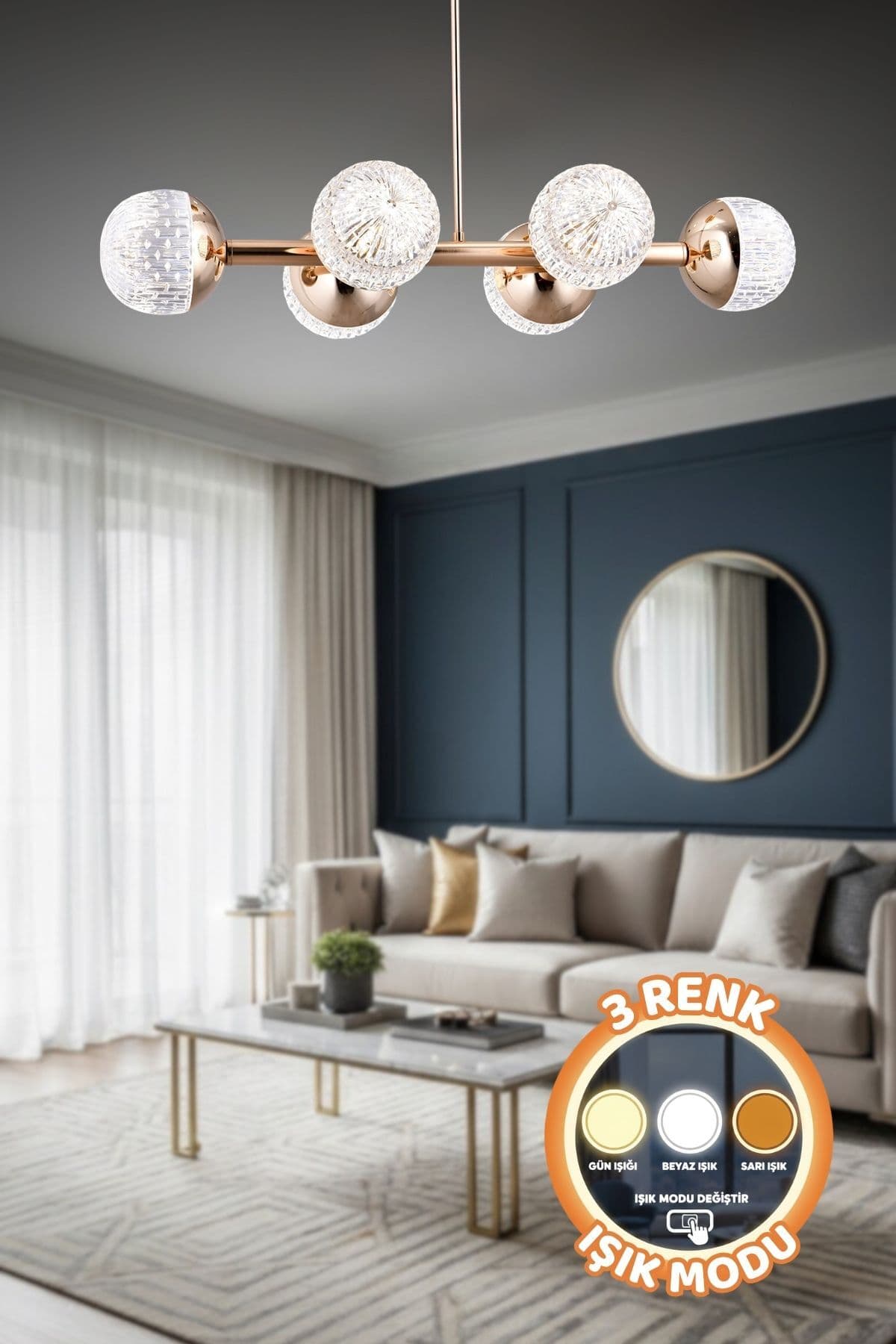 Modern Tasarım Gold 6'li 3 Renk Işık (Beyaz Işık -Sarı Işık - Gün Işığı) Ledli Kumandalı Avize
