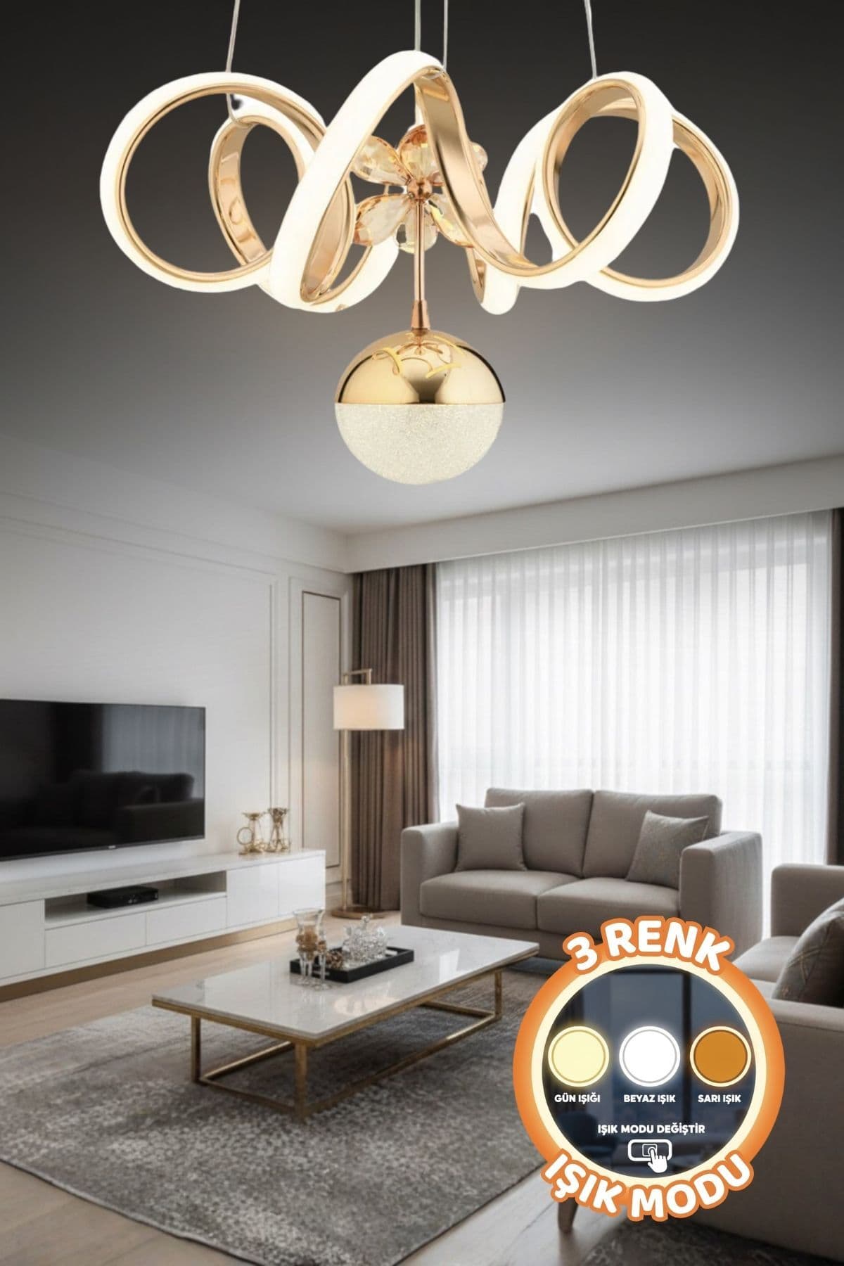 Utah Kumandalı GOLD Kaplama 3 Renk Işık Özellikli Dimmerli Modern Sarkıt Led Salon Mutfak Avize