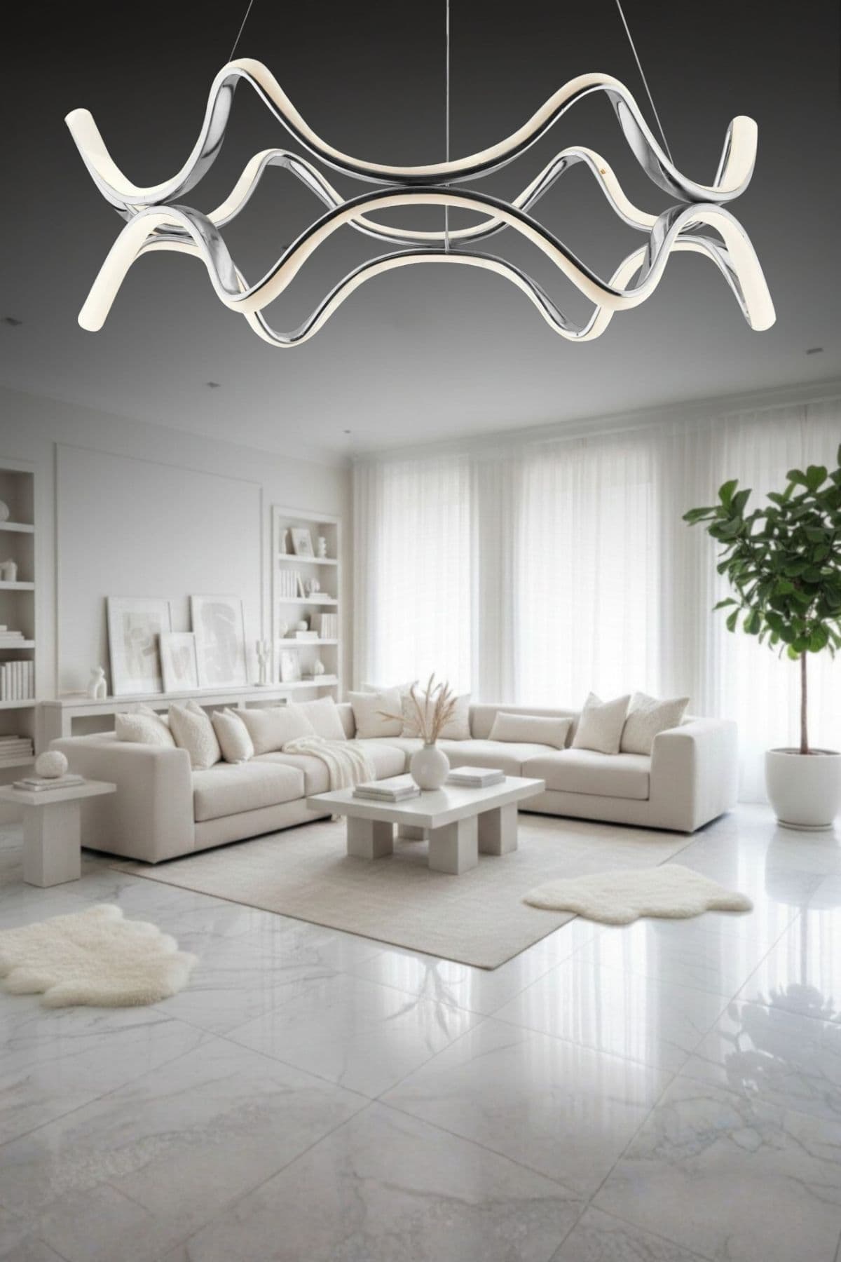 Lova Kumandalı 3 Renk Işık Özellikli Modern Krom Kaplama Sarkıt Led Avize Salon Avize