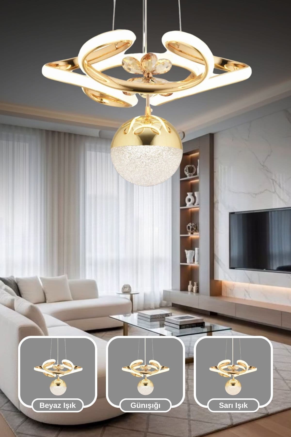 Montana Kumandalı 3 Renk Işık Özellikli Modern Gold Kaplama Sarkıt Led Avize Salon Avize