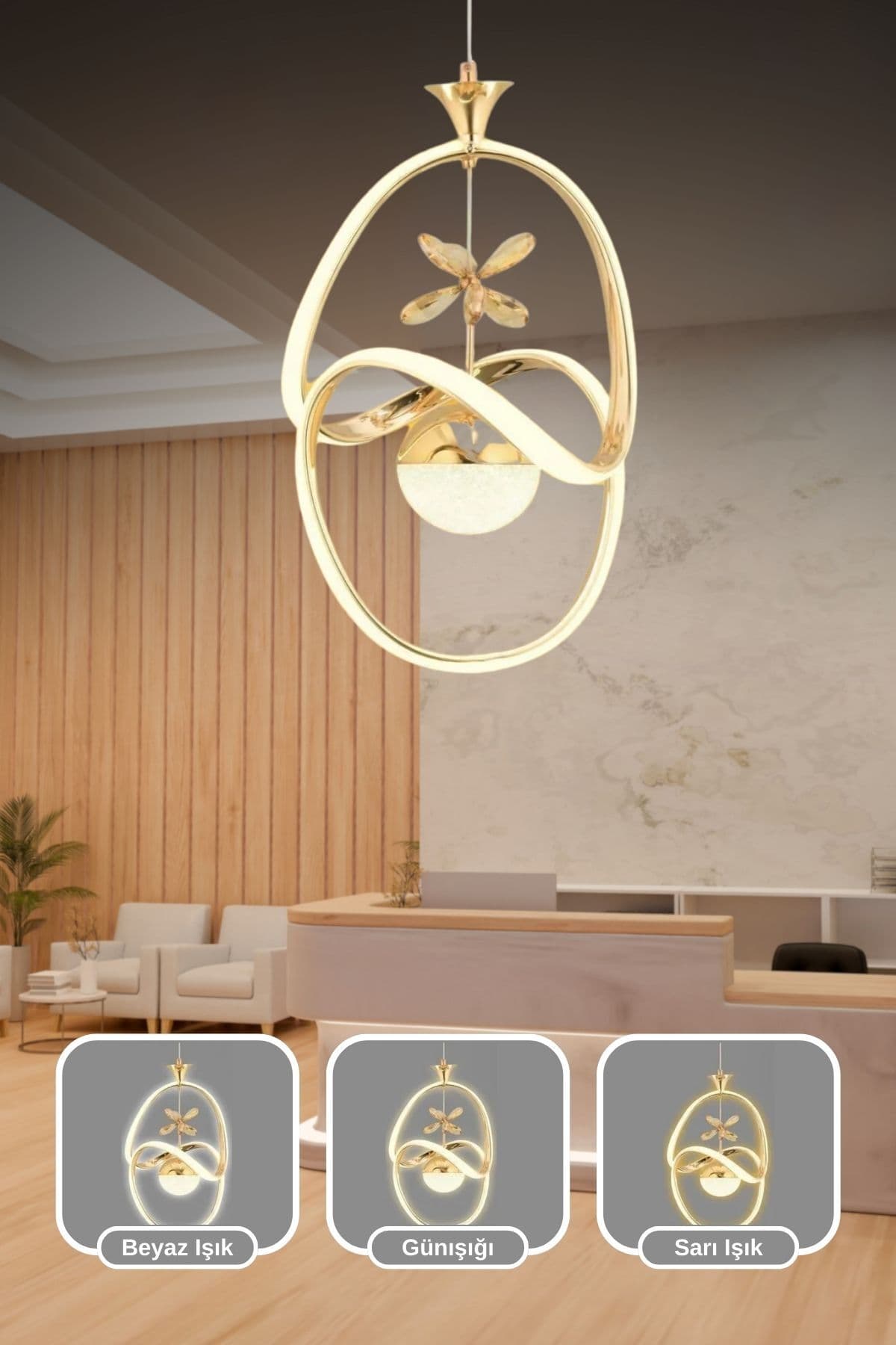Sonsuz Kumandalı 3 Renk Işık Özellikli Modern Gold Kaplama Sarkıt Led Avize Salon Avize