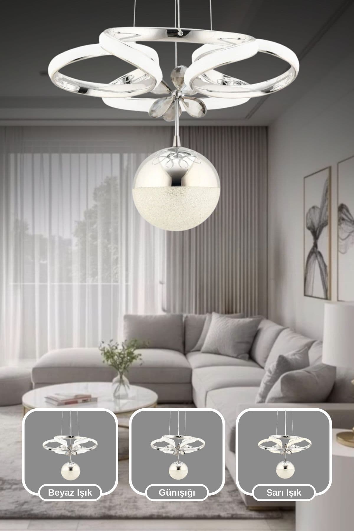 Montana Kumandalı 3 Renk Işık Özellikli Modern Krom Kaplama Sarkıt Led Avize Salon Avize